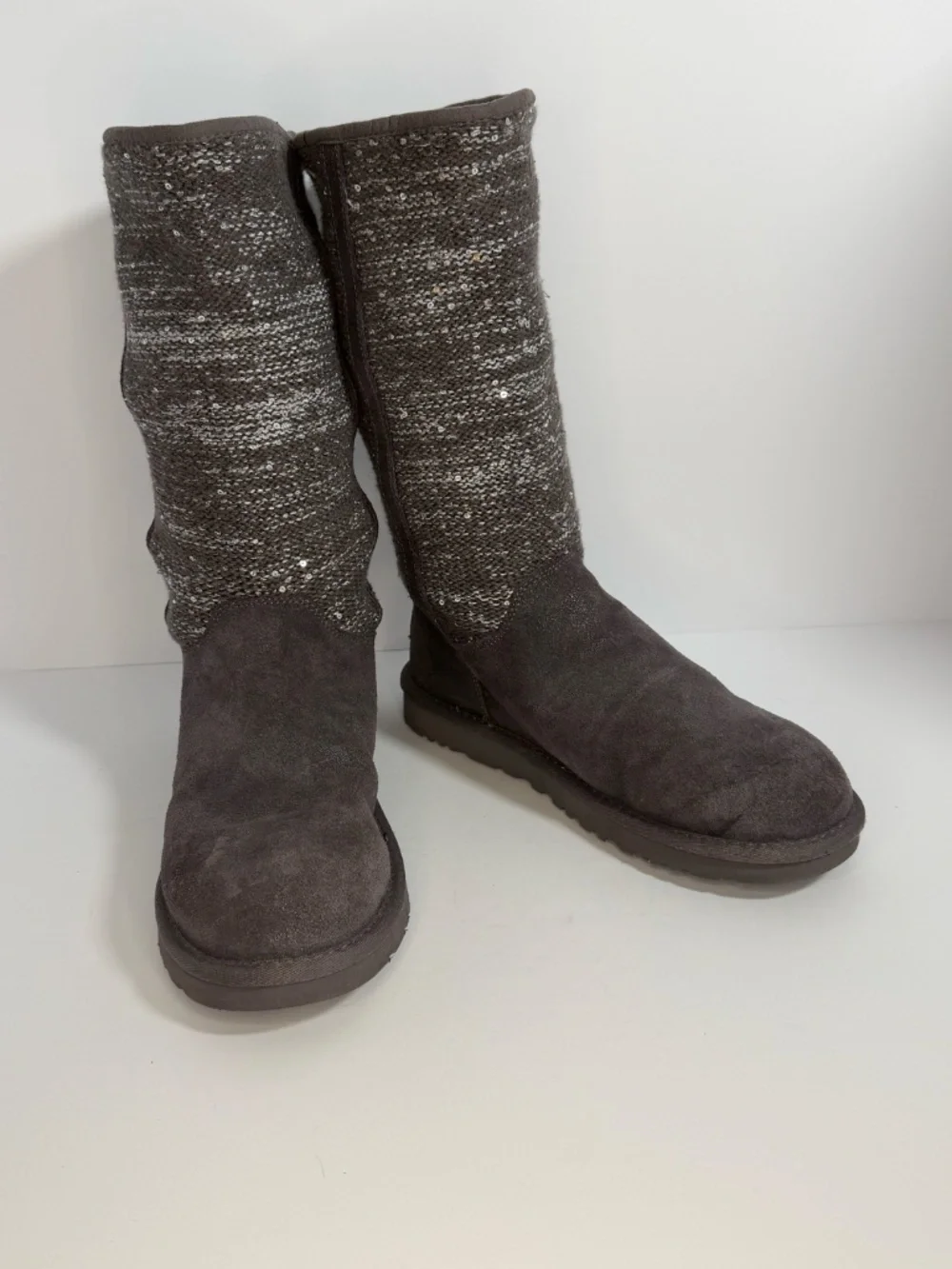 UGG Australia Camaya Charcoal Gray Suede Knit Sequin Tall Boots Women's Size 8